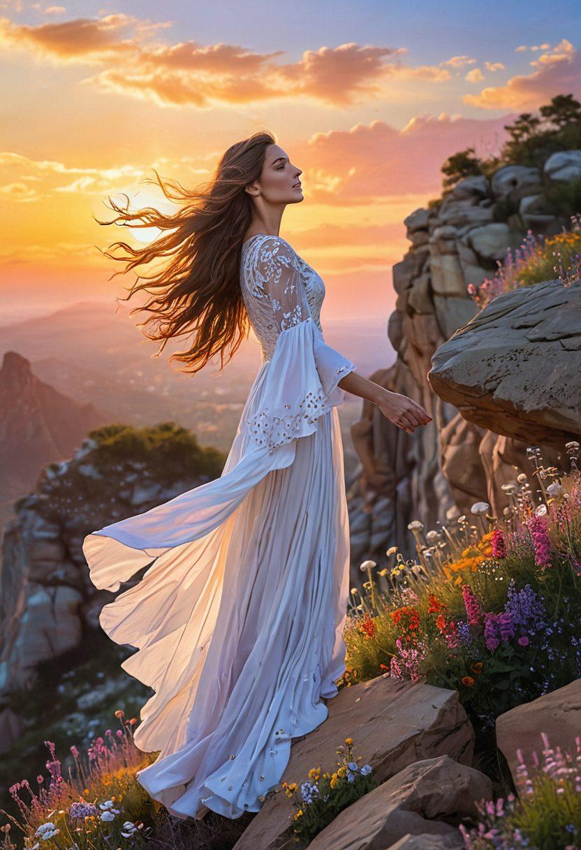 A powerful woman standing confidently on a cliff, surrounded by vibrant wildflowers under a radiant sunset. She radiates strength and grace, with flowing hair and a dynamic pose, symbolizing empowerment. In the background, hints of ancient goddesses represented through abstract shapes. soft pastel colors. impressionist style.