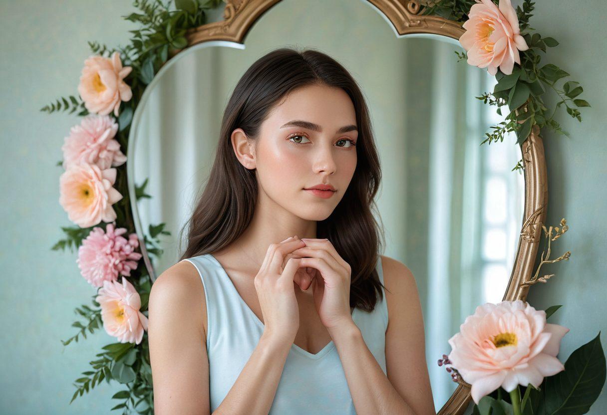 A serene scene of a confident modern woman gazing into a mirror, reflecting on self-love. The background features soft pastel colors, with blooming flowers symbolizing personal growth. In one hand, she holds a heart-shaped mirror, while the other hand rests gently on her heart. Infuse elements of tranquility and strength around her to represent empowerment. super-realistic. pastel colors. soft lighting.