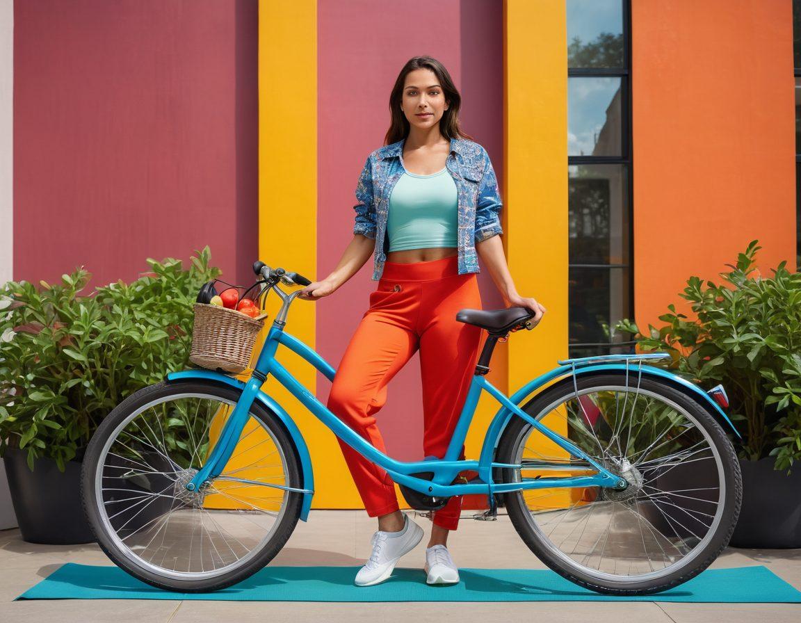An empowered individual confidently standing tall, wearing stylish yet practical clothing that blends fashion and functionality. Surround them with elements representing healthy lifestyle choices like fresh fruits, a yoga mat, and a sleek bicycle. Background features a bright urban landscape symbolizing growth and energy. The overall vibe is uplifting and inspiring, radiating confidence. vibrant colors. super-realistic.